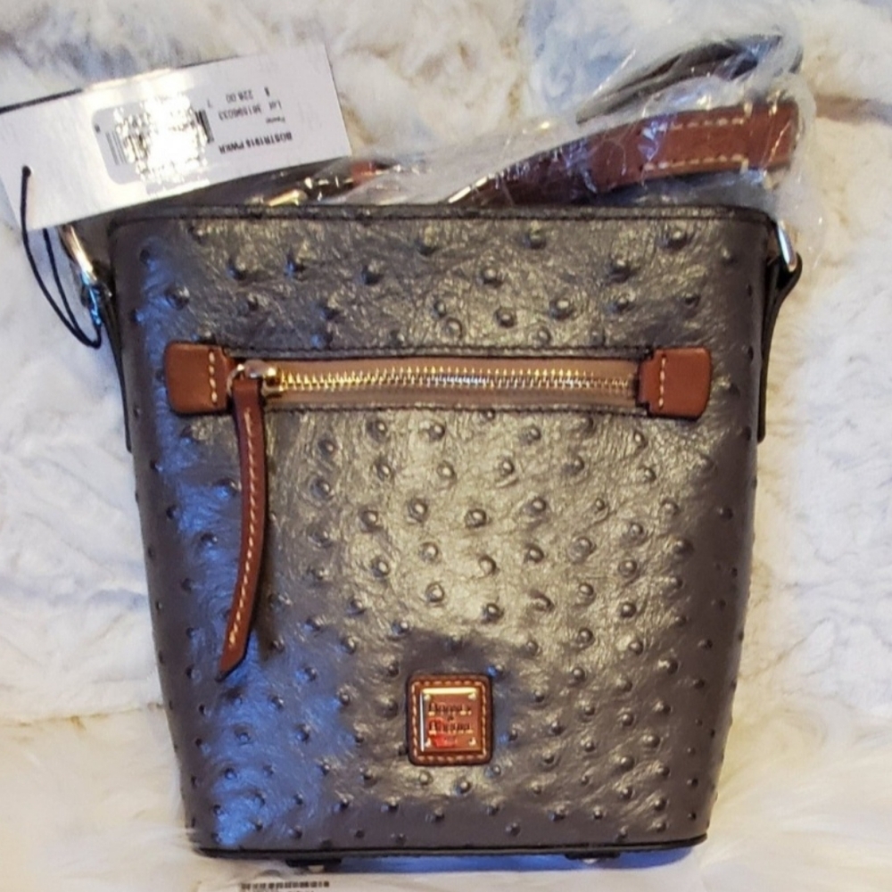 New Dooney & Bourke Ostrich Pewter Leather Crossbody